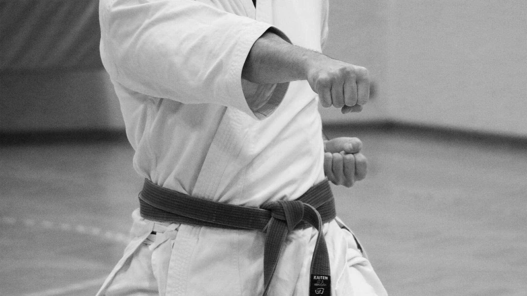 Nahaufnahme eines Karateka, der die Technik Gyaku-Zuki ausführt